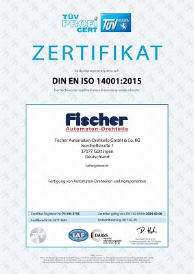 Fischer Automaten-Drehteile - ISO-Zertifikat 14001